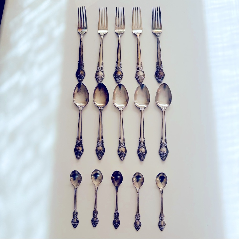 Vintage Soviet USSR Melchior Silver Plated Rose Flatware Set 15 Piece set